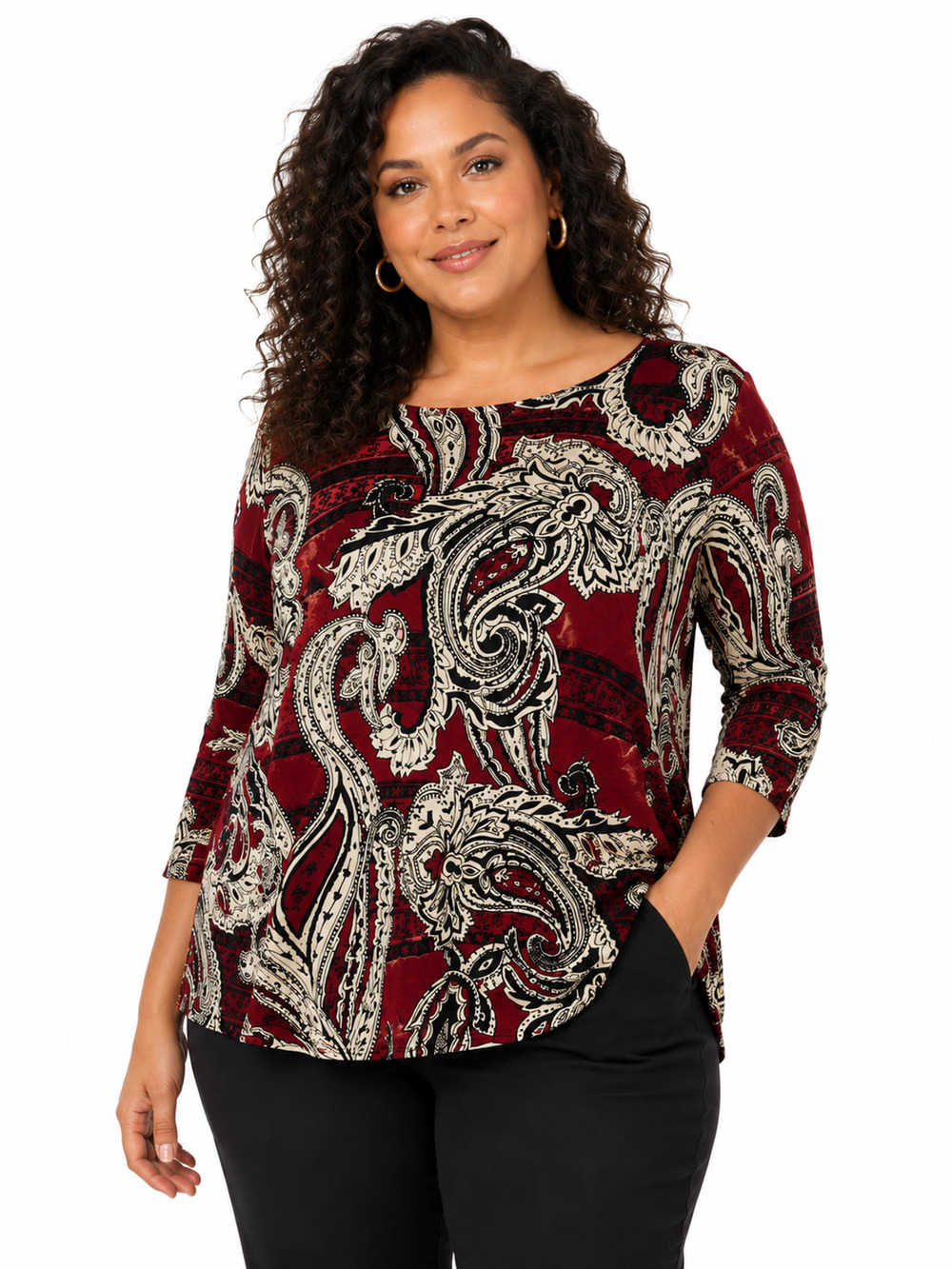Chicos Stretch Knit Paisley Print Dark Red 3/4 Sleeve Top Shirt Blouse 3 / XL